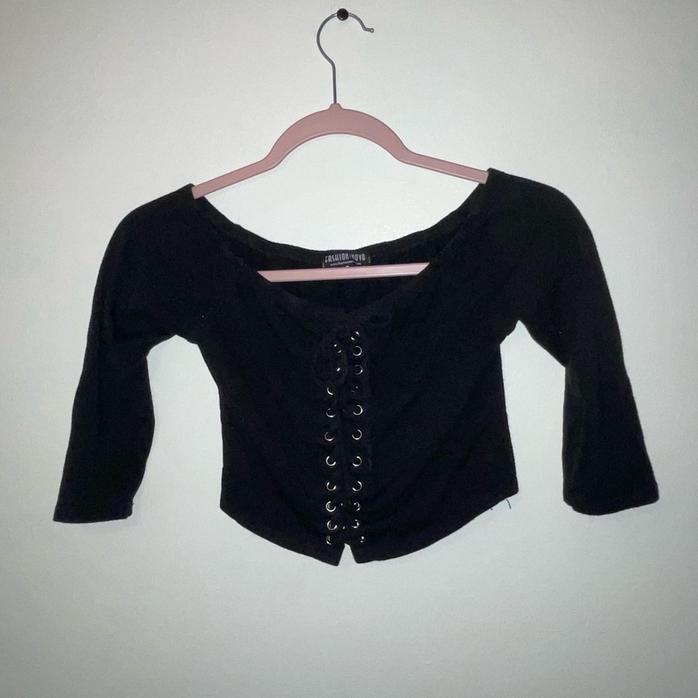FASHIONNOVA BLACK CORSET FRONT TIE UP 3/4 SLEEVE